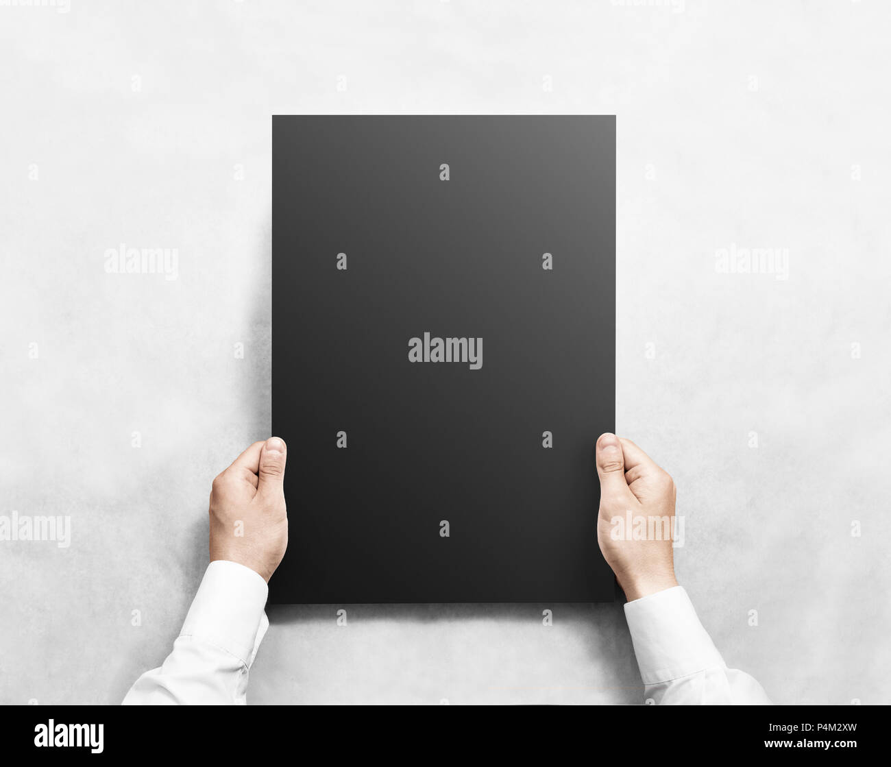 Hand Holding Black Blank Poster Mockup Isolated Arm In Shirt Hold Dark Broadsheet Template Mock Up Affiche Bill Surface Design Broadside Pure Print Display Show Sticking A3 Poster On The Wall Stock