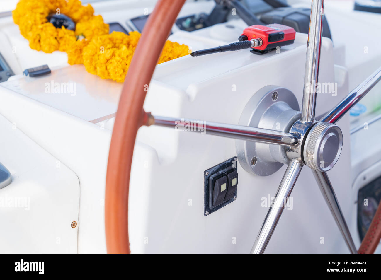 Modern sailing yacht steering wheels, vacation holidays concept yachts