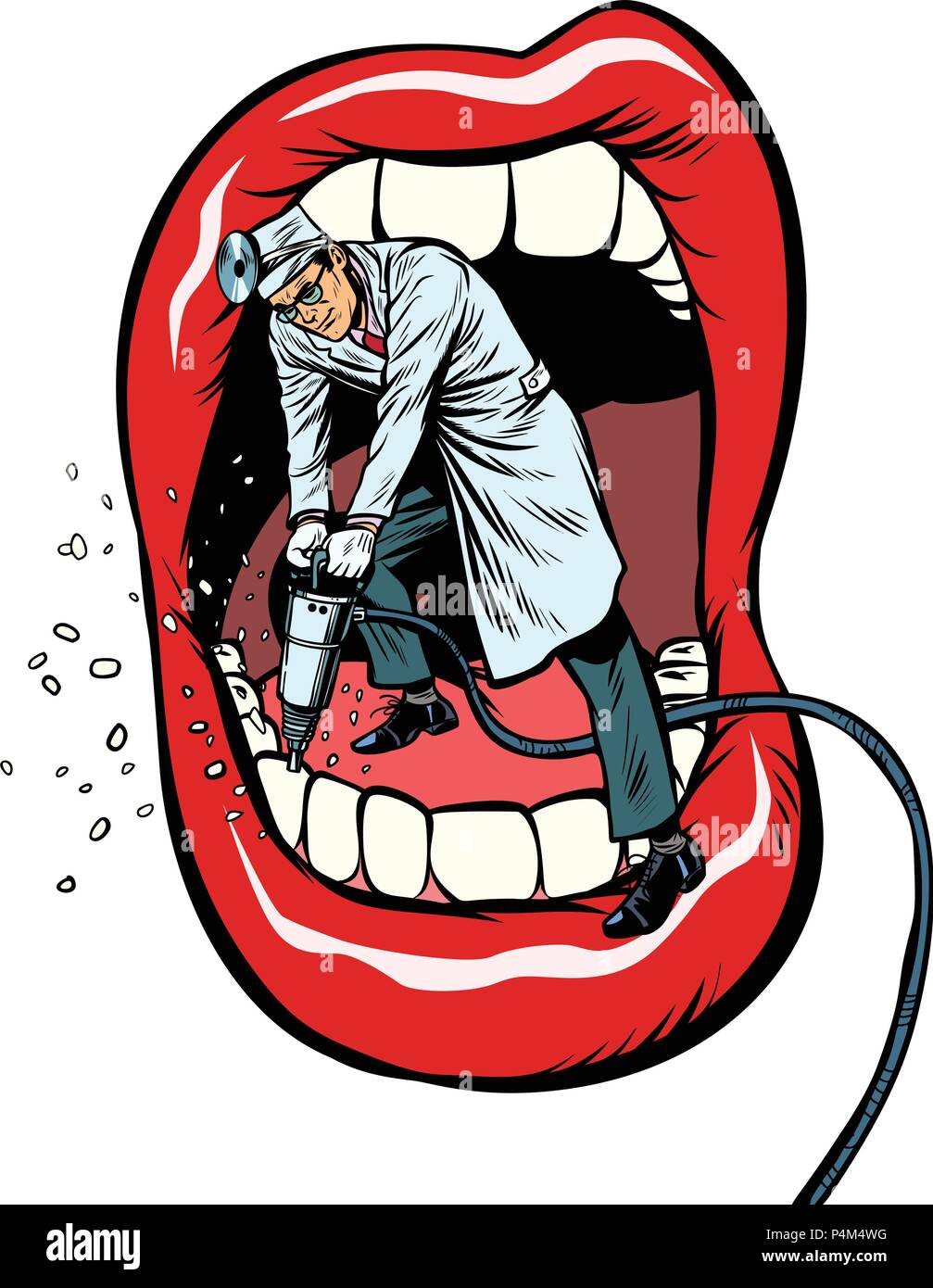 dentist jackhammer drilling teeth. isolate on white background. Pop art retro vector illustration kitsch vintage Stock Vector