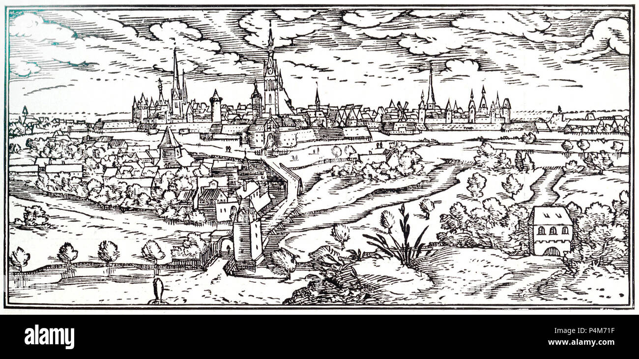 1636 Elias HolweinTypographus, Holzschnitt, Stadtansicht Hannover mit Calenberger Neustadt, gesehen von der Ihmebrücke aus, Typus civitatis Hannoverae. Stock Photo