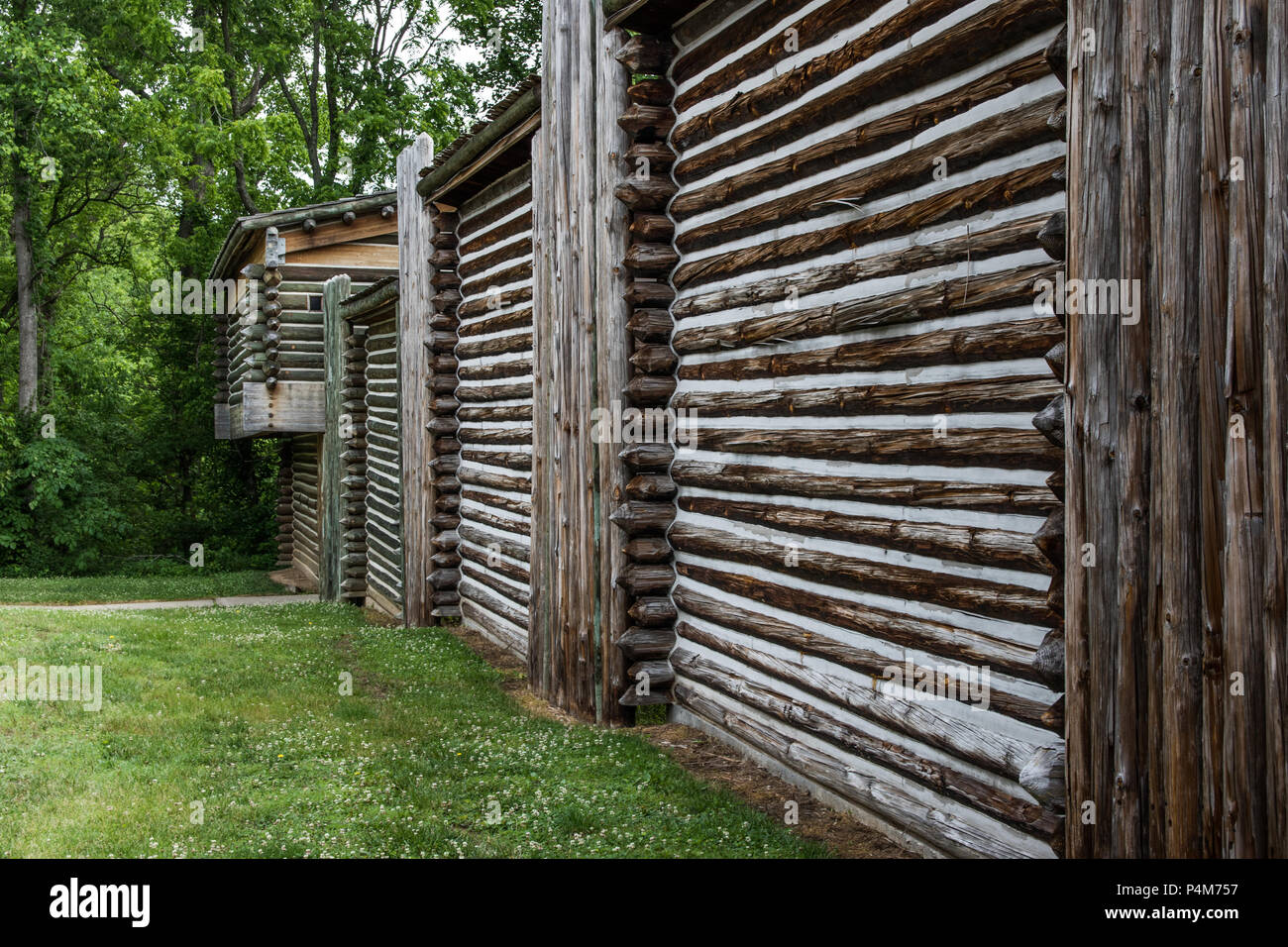 BOONESBOROUGH, KY, USA-30 MAY 15: A replica of the fort built by Daniel Boone and his companions shows a bastion on the corner. Stock Photo