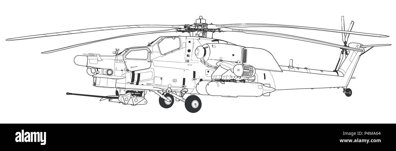 Russian Air Force Mil Mi 28 Havoc military attack combat helicopter in camouflage flying detail exterior wide aerial view Stock Vector