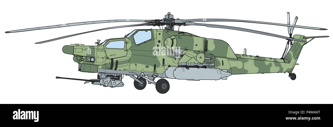 Russian Air Force Mil Mi 28 Havoc military attack combat helicopter in camouflage flying detail exterior wide aerial view Stock Vector