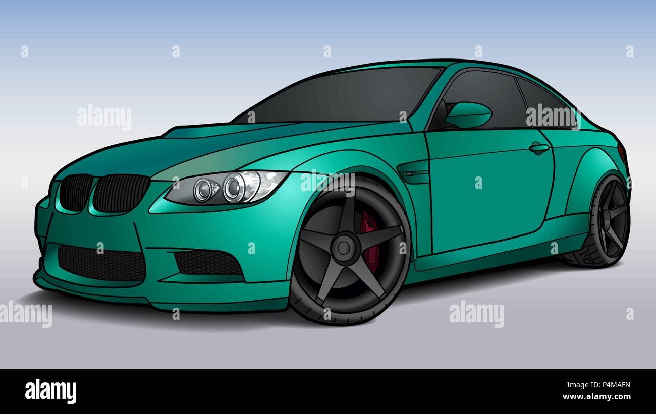 Detailed Vector Draw Of A Flat Sport Car With Black Stroke