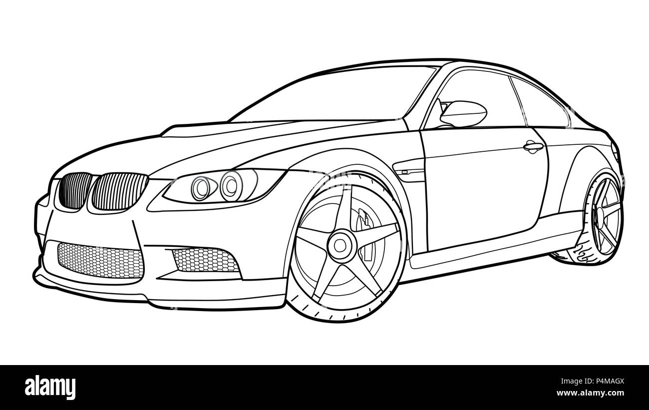 Detailed vector draw of a flat sport car with black stroke option ...