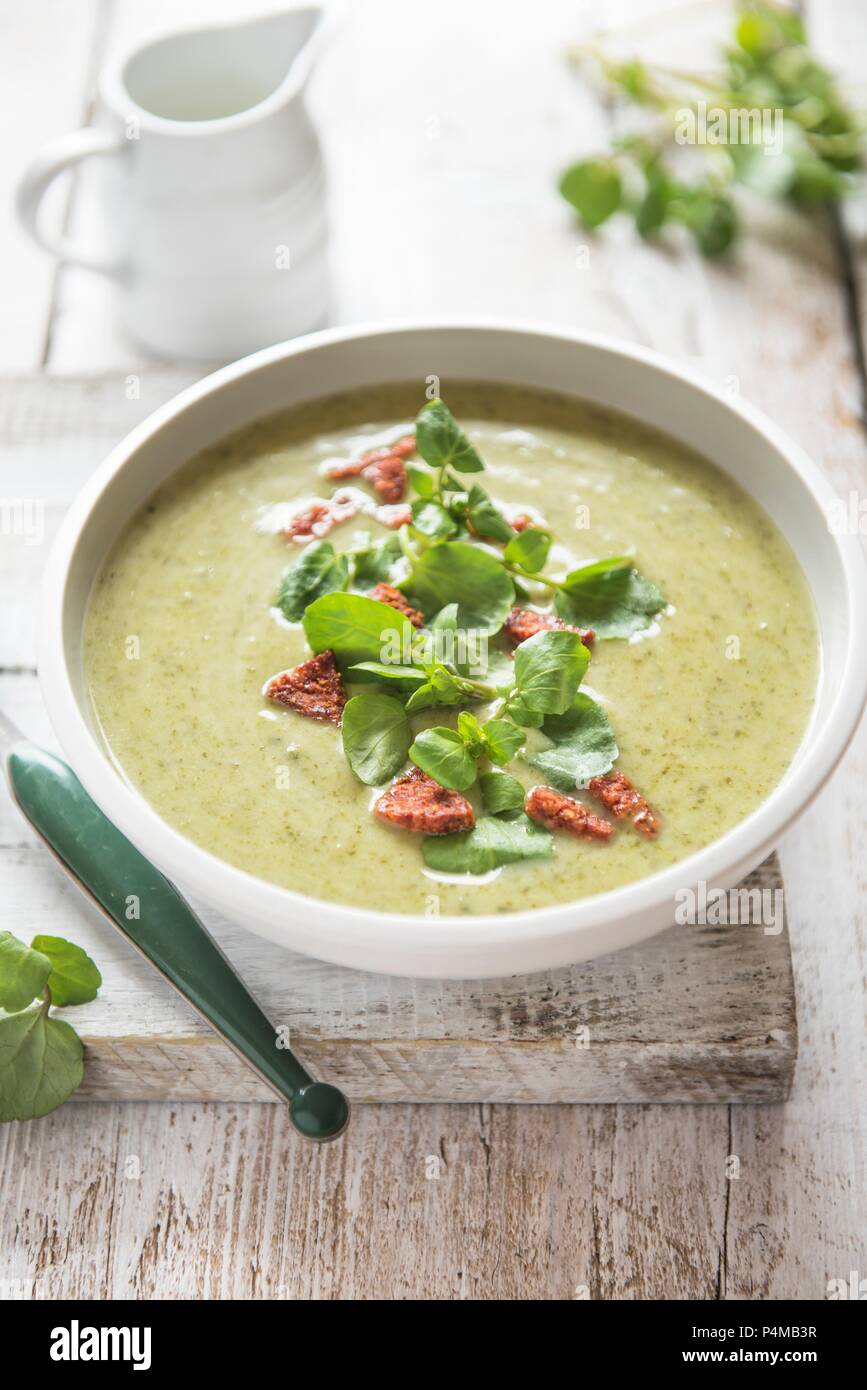 Watercress soup with chorizo sausage Stock Photo Alamy