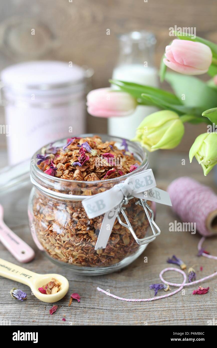 Homemade granola with coconut, sunflower and pumpkin seeds in a jar Stock Photo