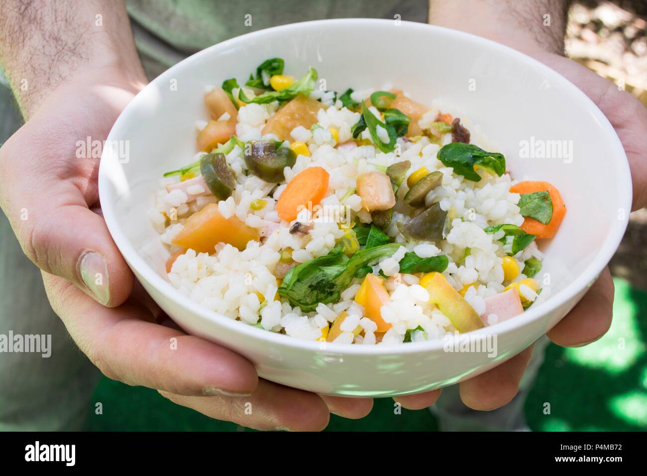 Hands holding a bowl of rice salad with tomatoes, basil, olive oil