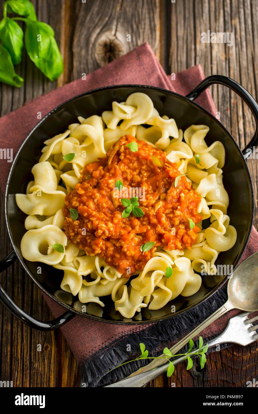 Pasta with vegan bolognese (seen from above) Stock Photo