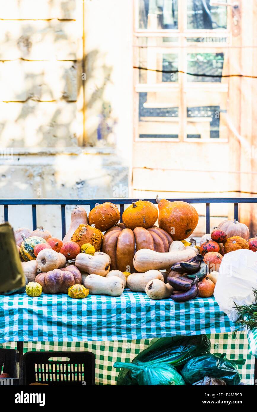 Assorted pumpkins and squashes at a market stand in Beirut, Lebanon Stock Photo