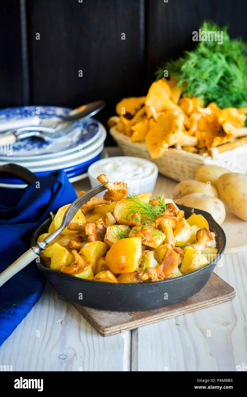 A frying pan with fried potatoes and chanterelle mushrooms Stock Photo