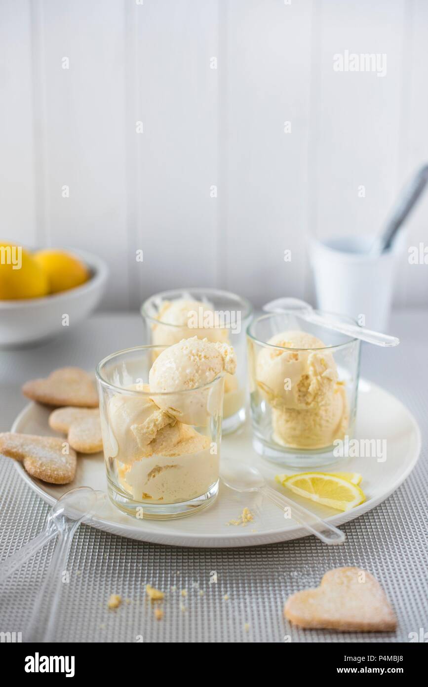 Lemon ice cream with biscuits Stock Photo