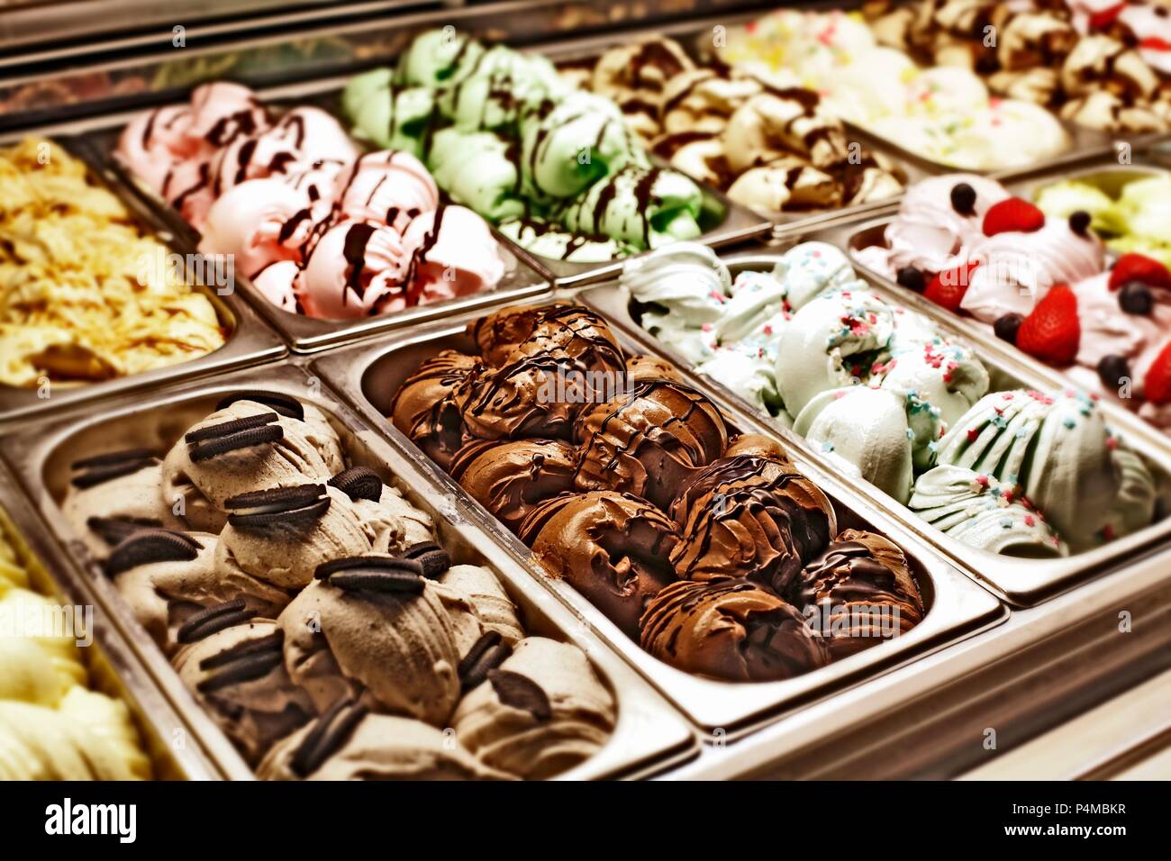 Various types of ice cream in and ice cream cafe Stock Photo - Alamy