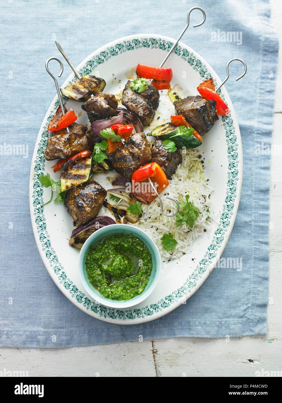 Grilled Lamb Skewers with Pesto Stock Photo