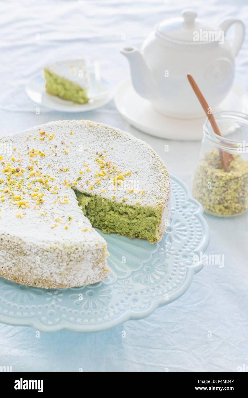 Pistachio cake for breakfast Stock Photo