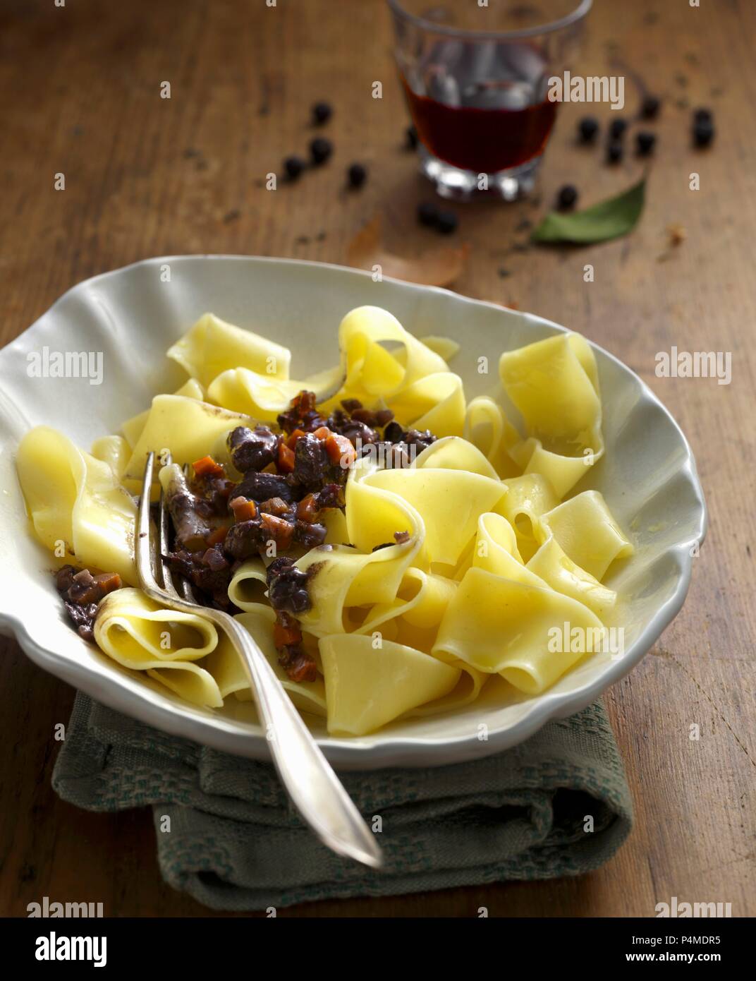 Pappardelle alla lepre (pappardelle with rabbit ragout, Italy) Stock Photo