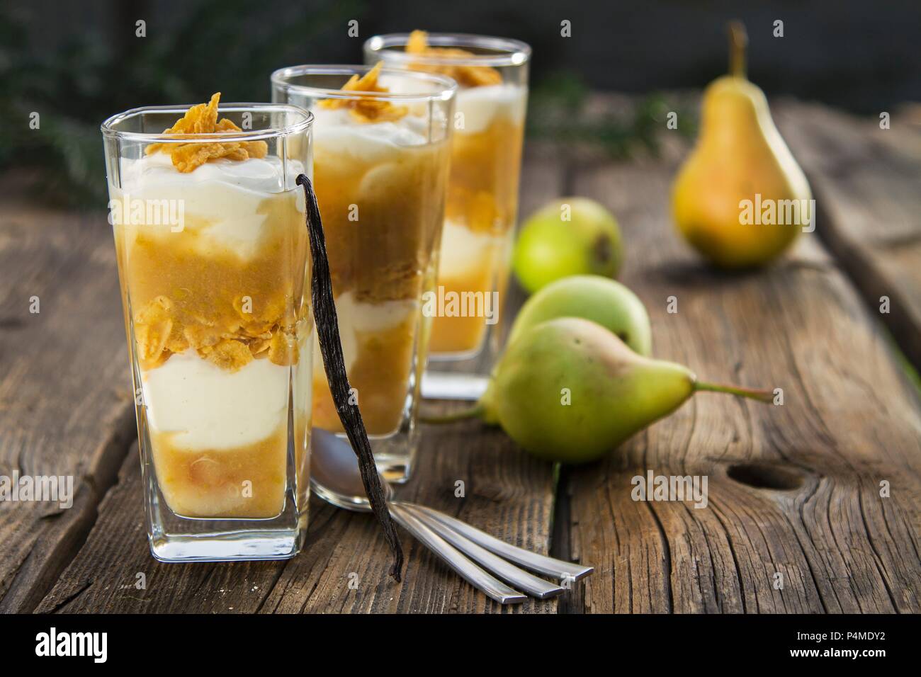 Pear desserts with vanilla yoghurt Stock Photo