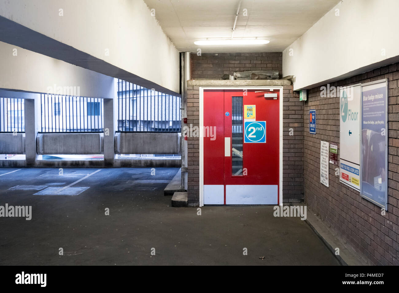Doors to the stairs inside Manors multi storey car park in Newcastle