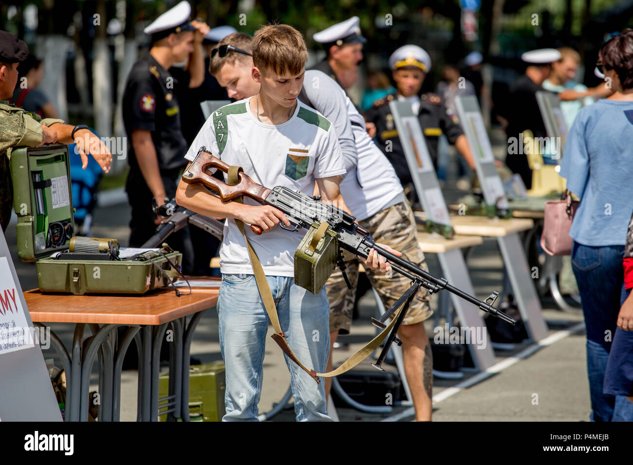 Russia Vladivostok 06 26 2017 Young Man With Pk Machine Gun