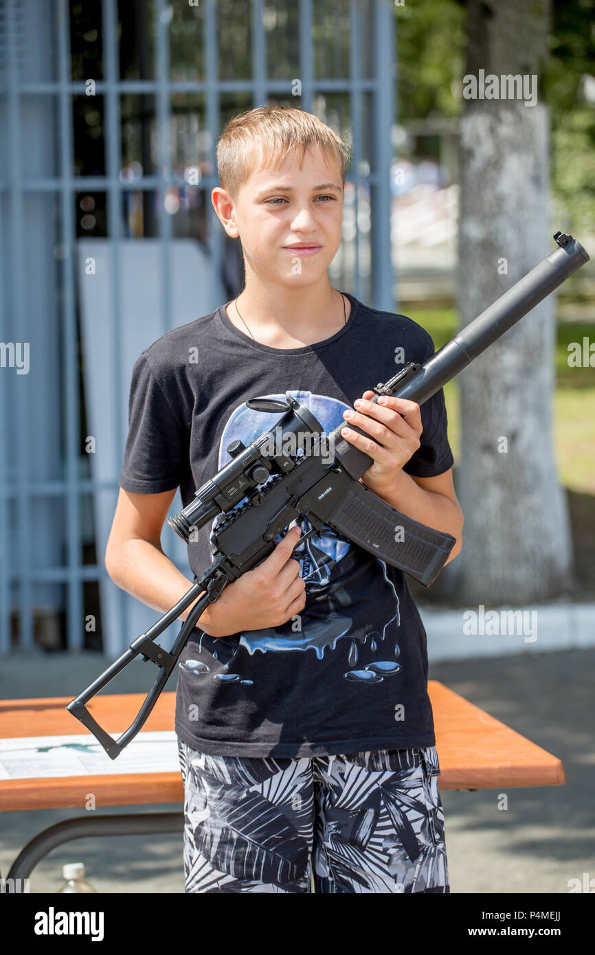 Russia Vladivostok 06 26 2017 Young Man With Machine Gun