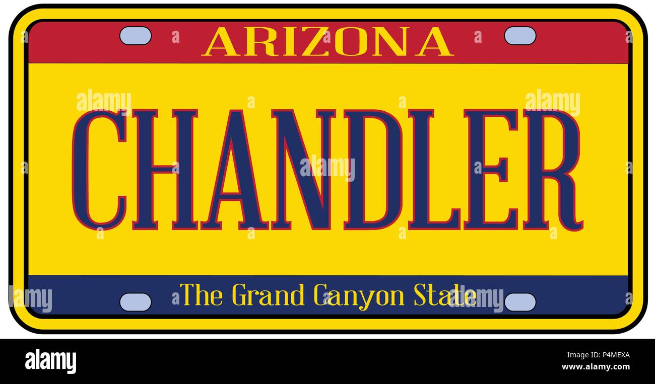 Chandler Arizona state city license plate in the colors of the state flag with icons over a white background Stock Vector