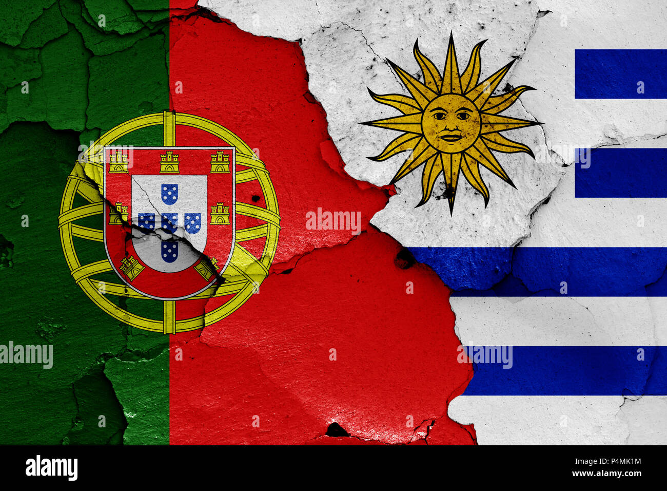 flags of Portugal and Uruguay Stock Photo