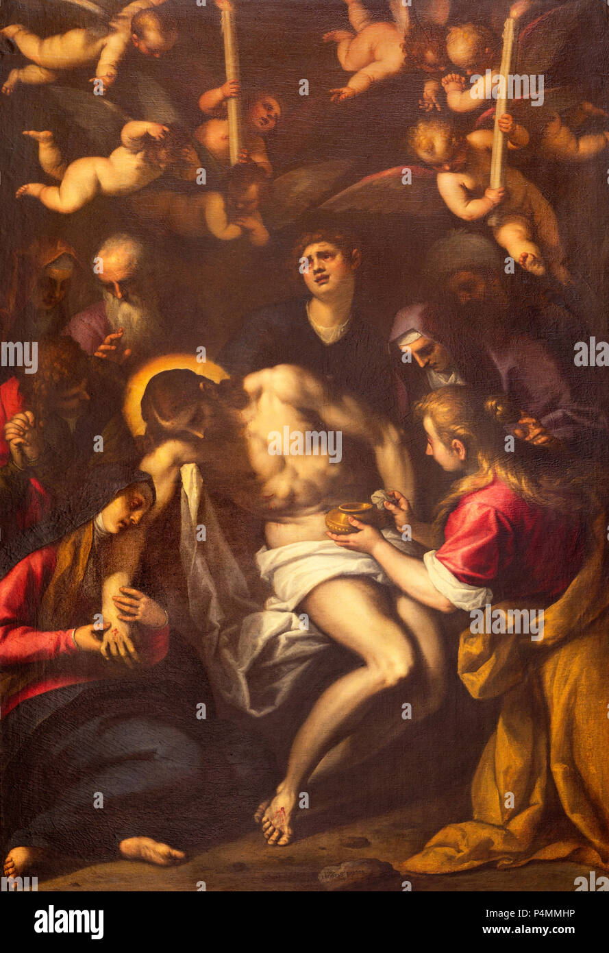REGGIO EMILIA, ITALY - APRIL 12, 2018: The painting of Deposition (Pieta) in Duomo by Jacopo Negretti (Palma il Giovane 1548-1628). Stock Photo