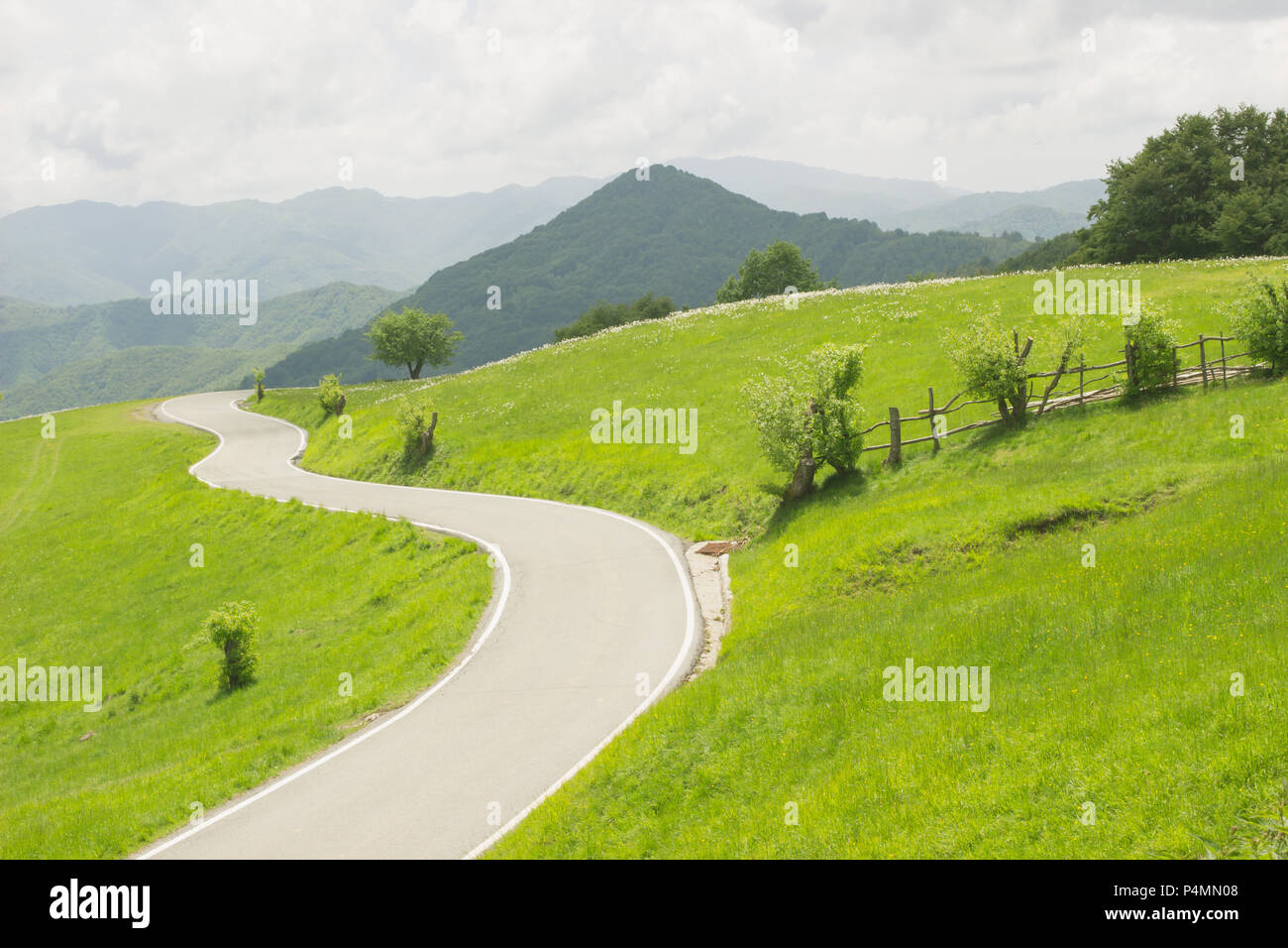winding curvy rural road in green meadows and beautiful mountain views in countryside in natural spring Stock Photo