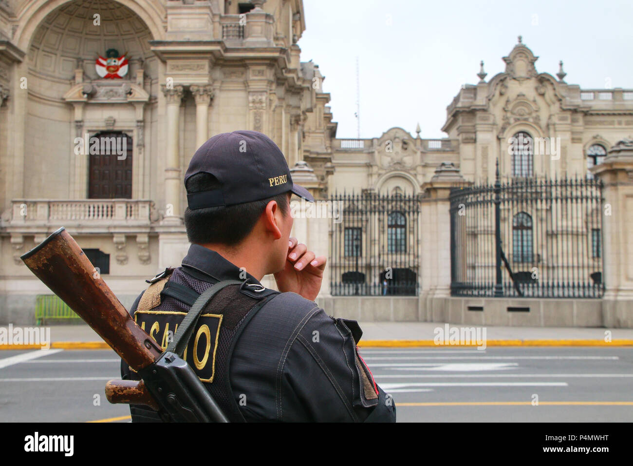 Policman standing near Government Palace in Lima, Peru. Peruvian