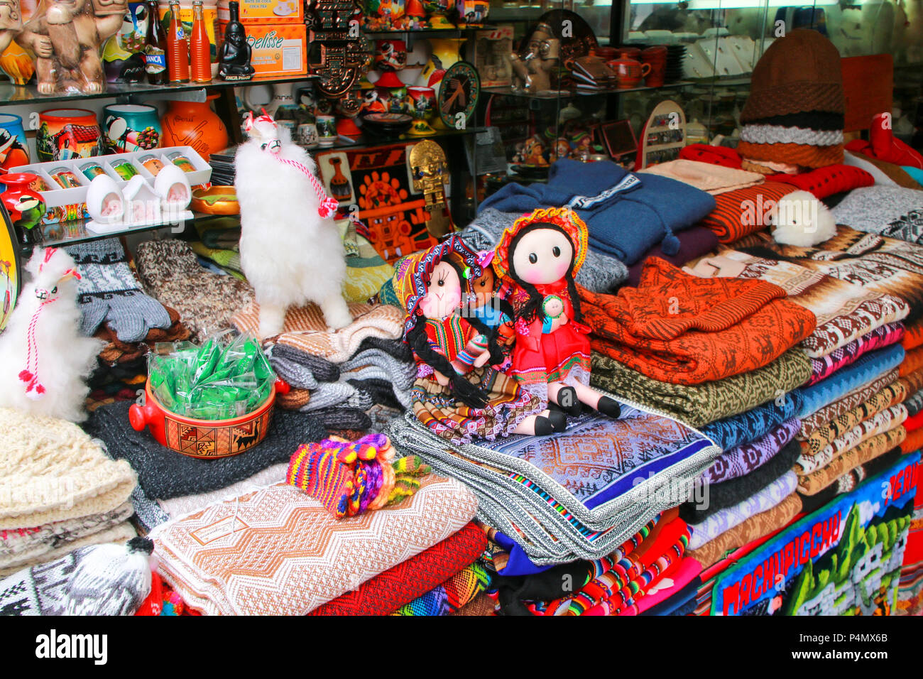 Display of traditional souvenirs at the market in Lima, Peru. Lima is