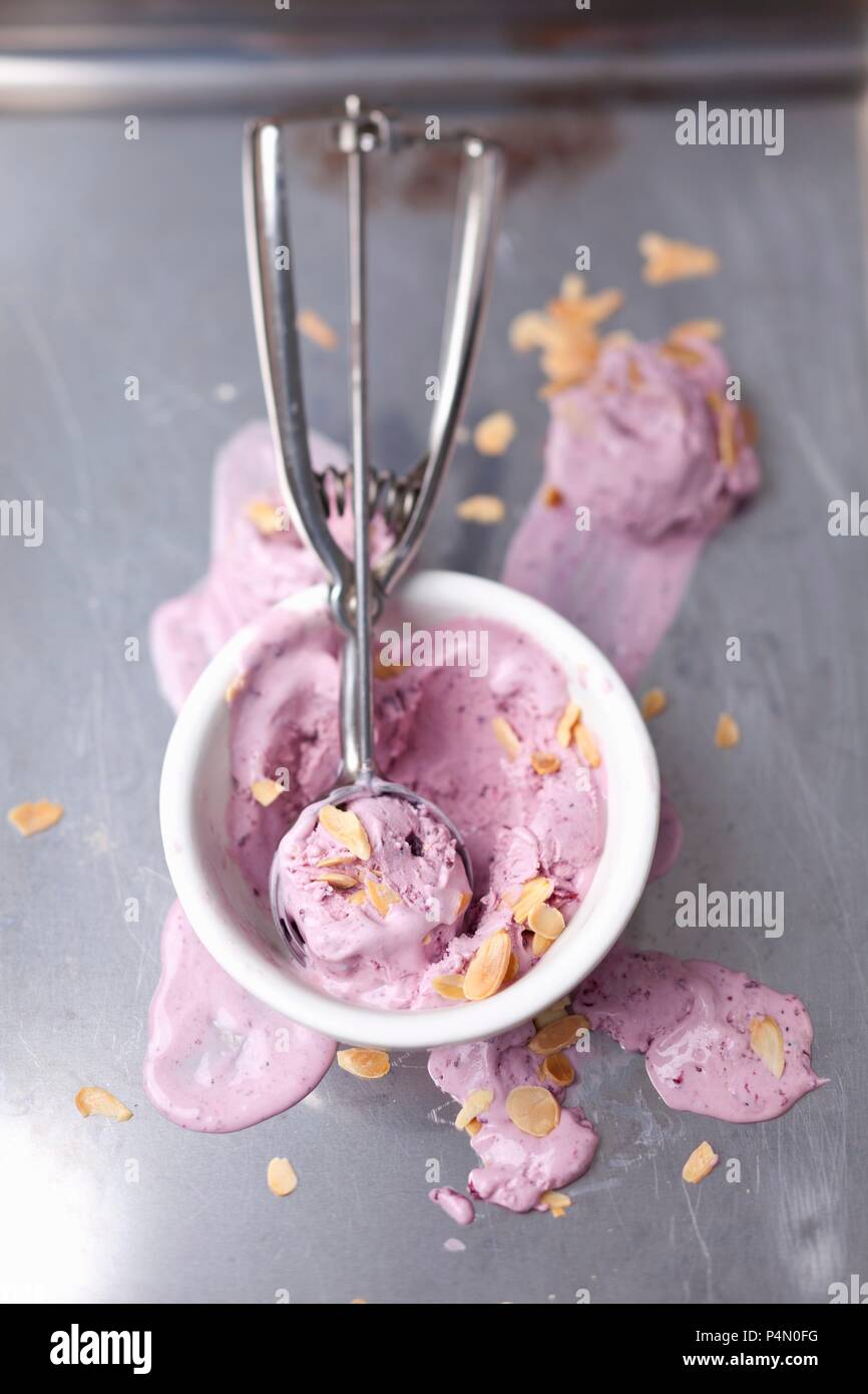 Blueberry ice cream with flaked almonds Stock Photo