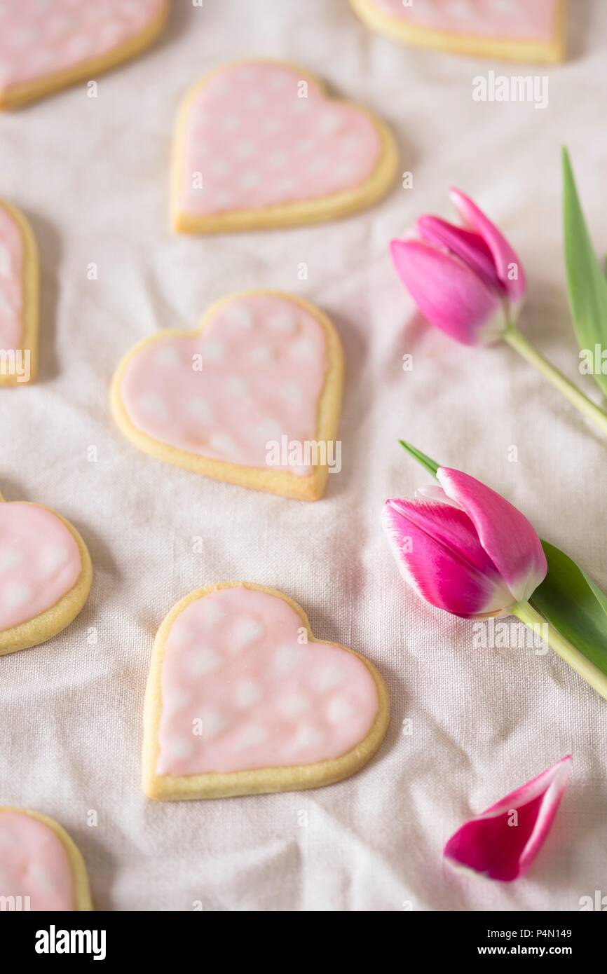 Pink heart-shaped biscuits Mother's Day Stock Photo