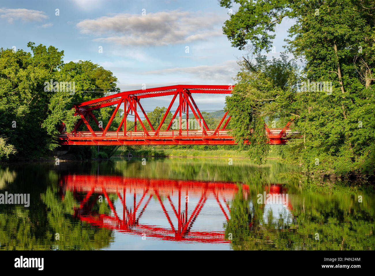 Red Bridge on a summer morning Stock Photo
