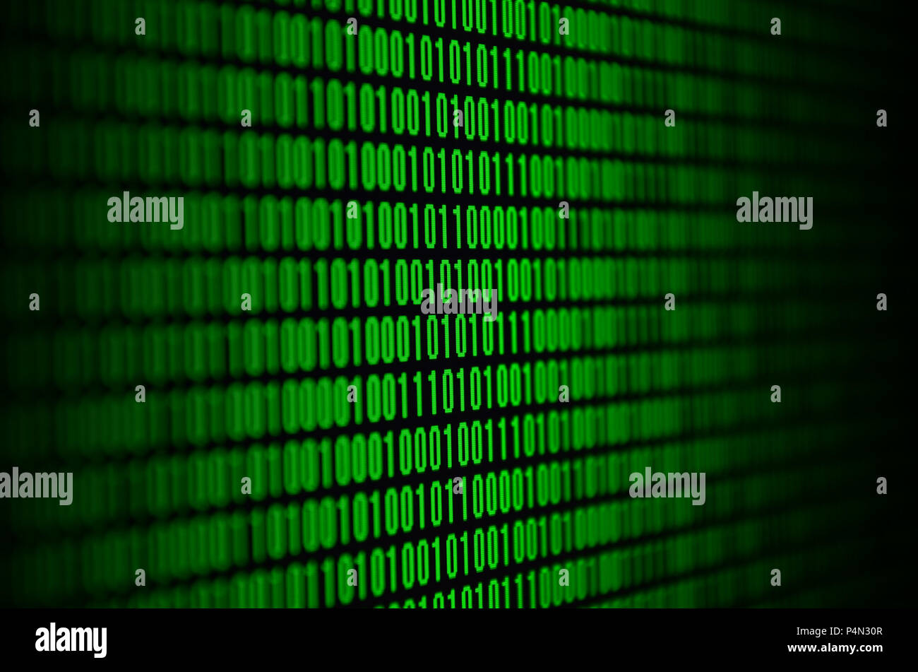 An image of a binary code made up of a set of green digits on a black ...