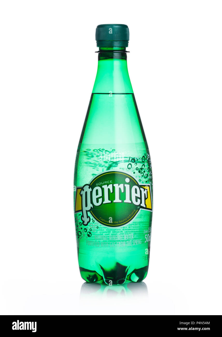LONDON, UK JUNE 02, 2018 Plastic Bottle of Perrier sparkling water
