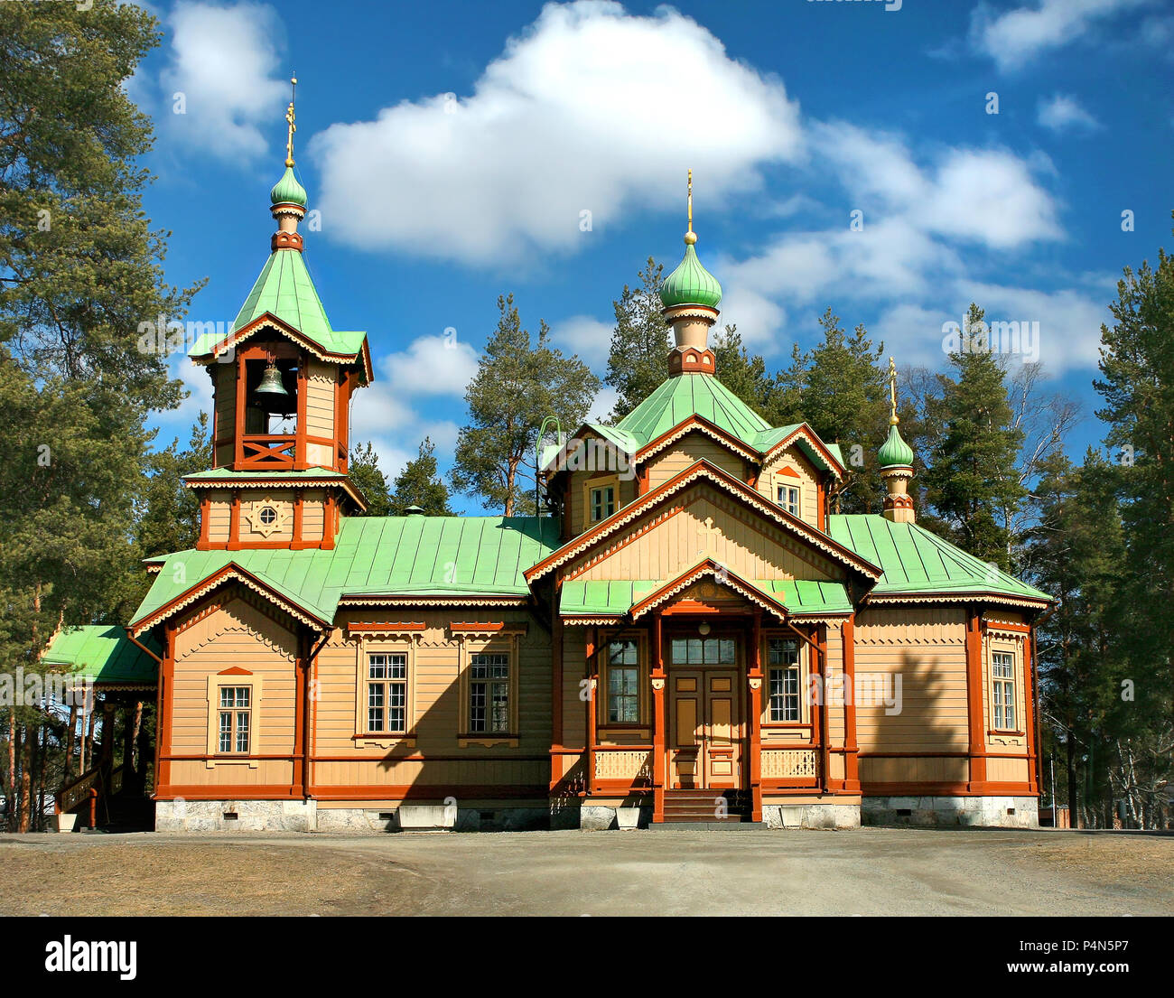 Orthodox church in Joensuu, North Karelia in Finland, Europa in april, with blue sky and beautiful clouds Stock Photo