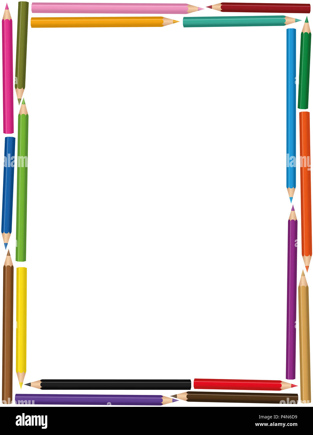 Colorful vertical crayons frame with loosely arranged color pencil set -  illustration on white background. Stock Photo