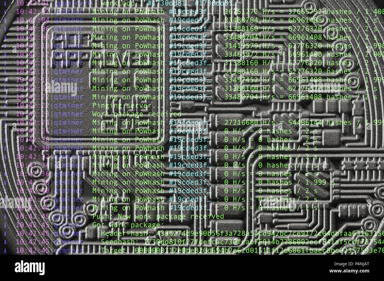 Image of the program code showing the process of mining the crypto currency in the background of the image with bitcoin Stock Photo