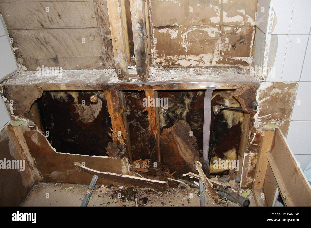 Molded wood and planks, caused by water damage in a bathroom Stock Photo