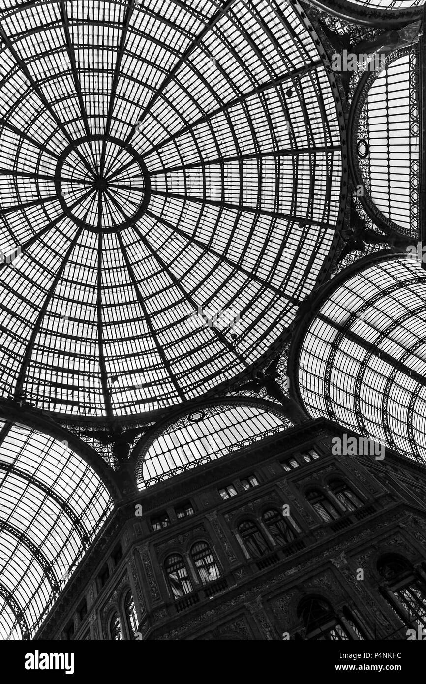 Naples, Italy - August 9, 2015: Glass roof dome of Galleria Umberto I, black and white photo Stock Photo