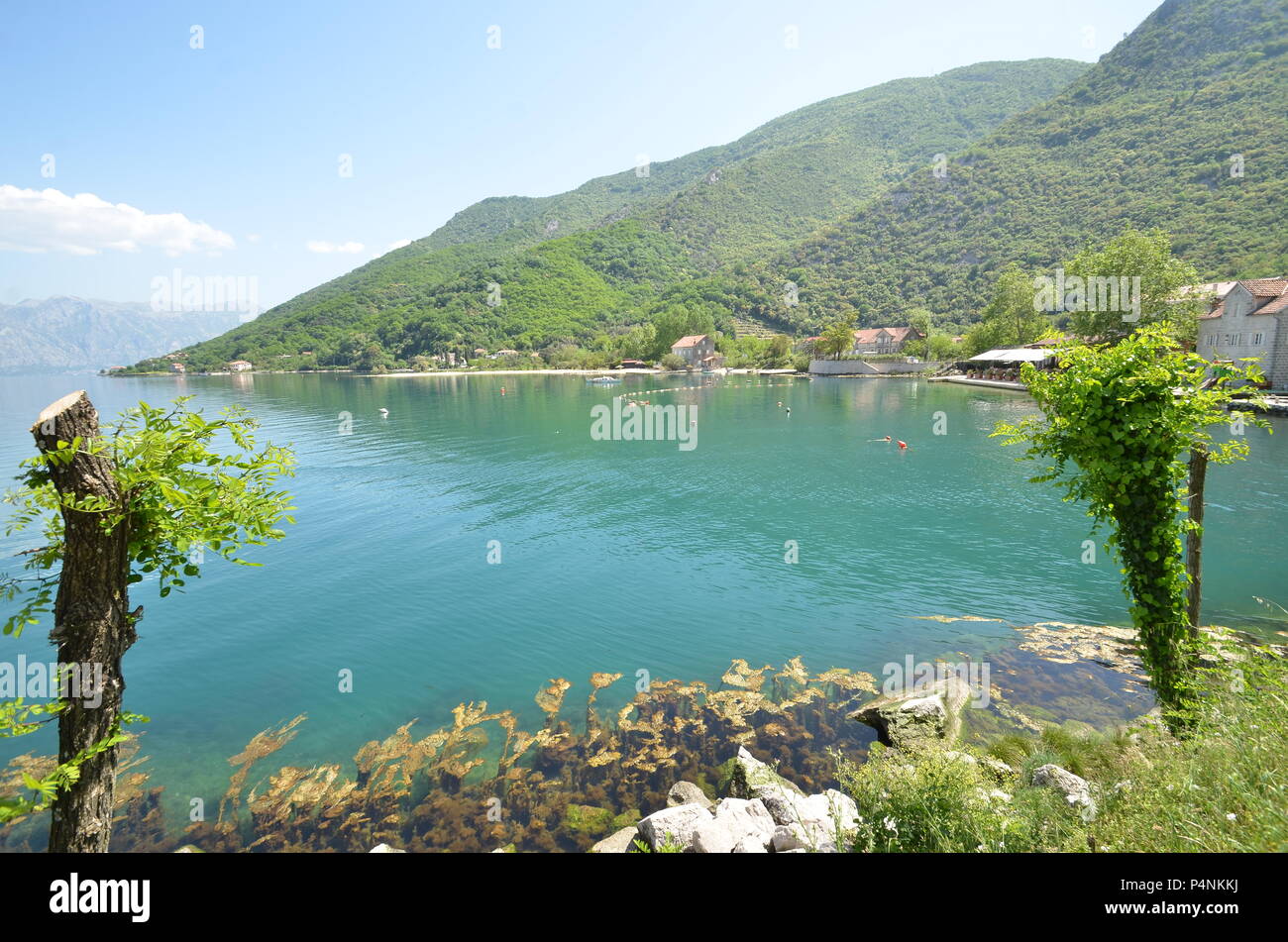 View of Morinj on Kotor Bay with Mount Lovcen in the distance, Boka Kotorska, Montenegro, Europe. Stock Photo
