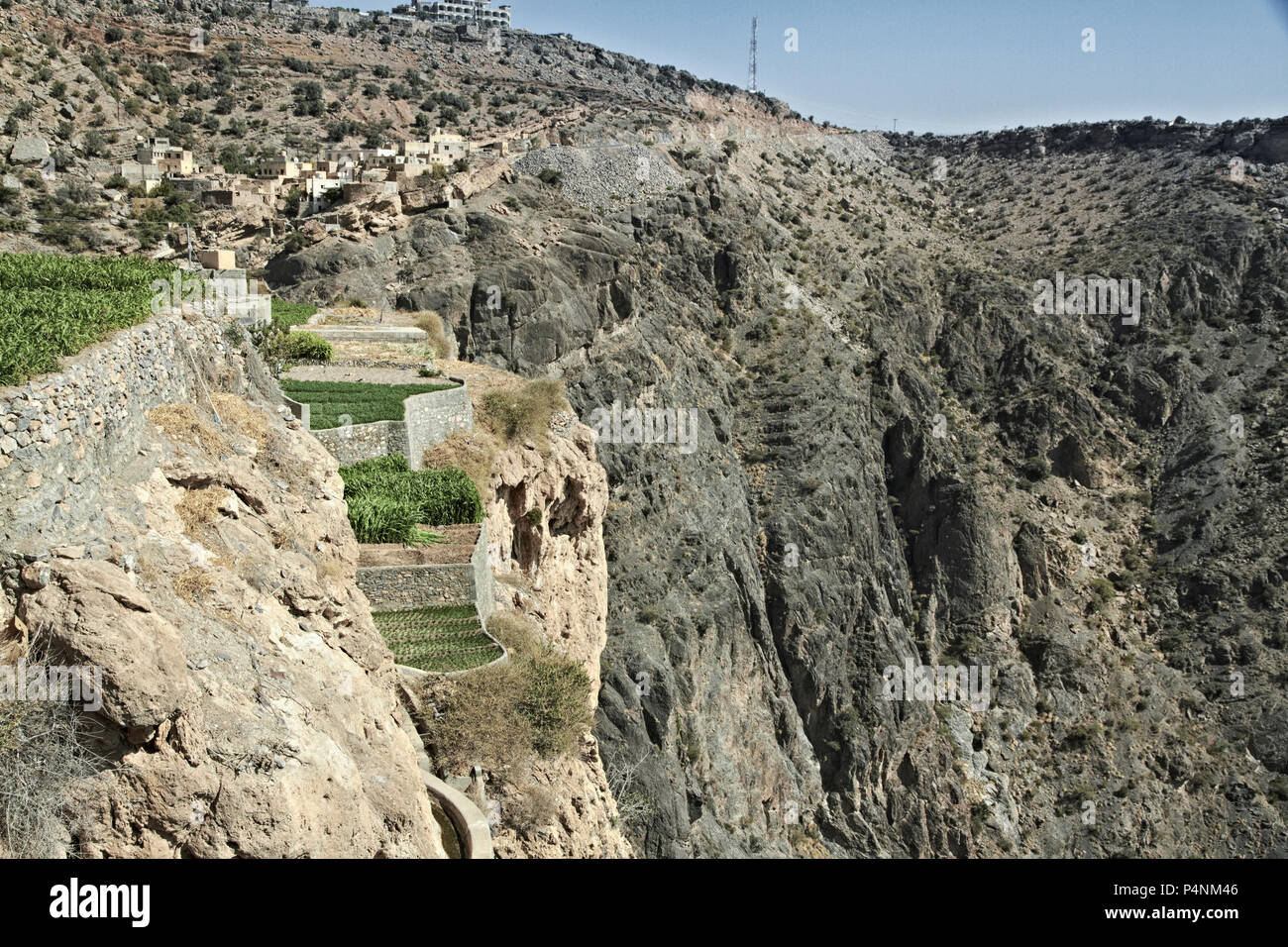 View of small rural villages situated on the saiq plateau at the jebel akhdar mountain in Oman Stock Photo