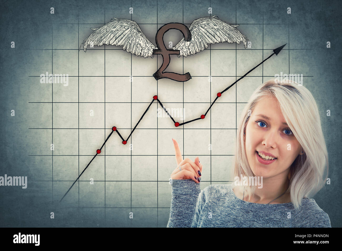 Young businesswoman, with a happy emotion, showing with her hand to a winged british pound sign and a rising graph. Concept of financial analysing and Stock Photo