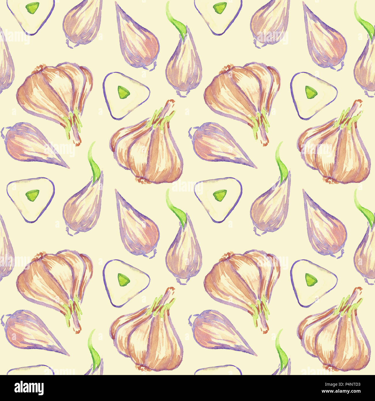Garlic bulb and clove, cut slice, seamless pattern hand painted ...