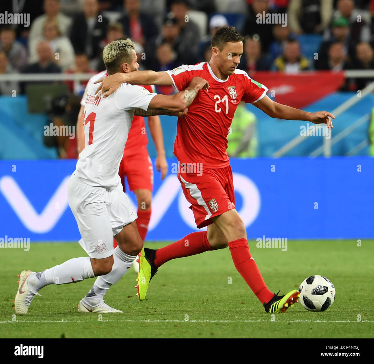 Kaliningrad, Russia. 22nd June, 2018. Nemanja Matic (R) of Serbia competes during the 2018 FIFA World Cup Group E match between Switzerland and Serbia in Kaliningrad, Russia, June 22, 2018. Credit: Chen Cheng/Xinhua/Alamy Live News Stock Photo
