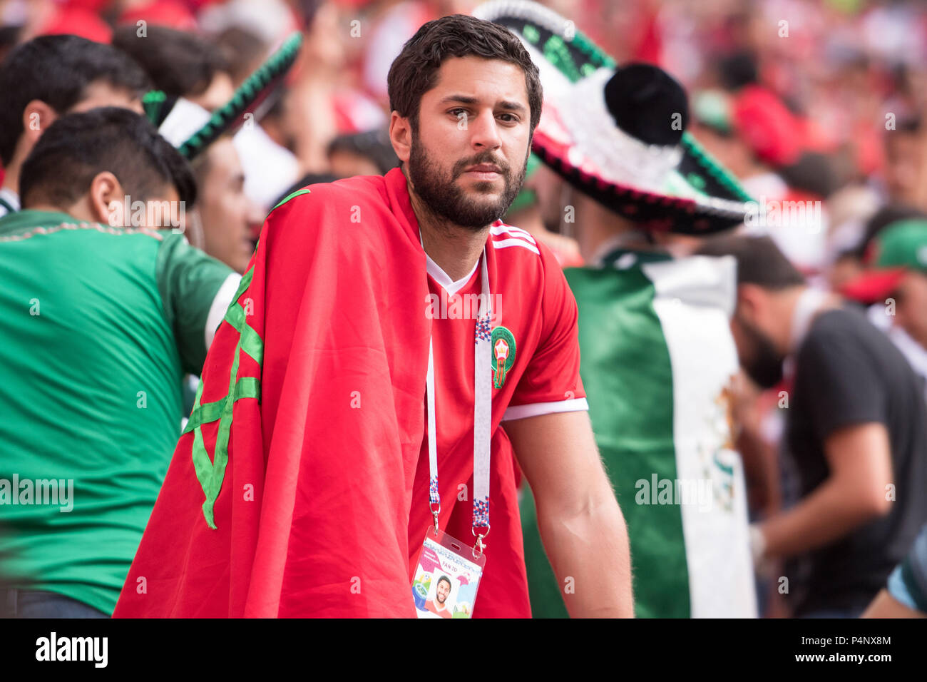 A Moroccan fans is disappointed after the defeat disappointed, frenzy, disappointment, sad, frustrated, frustrated, frustratedet, half figure, half figure, fan, fans, spectators, supporters, supporters, Portugal (POR) - Morocco (MAR) 1: 0, Preliminary Round, Group B, Game 19, on 20.06.2018 in Moscow; Football World Cup 2018 in Russia from 14.06. - 15.07.2018. | usage worldwide Stock Photo