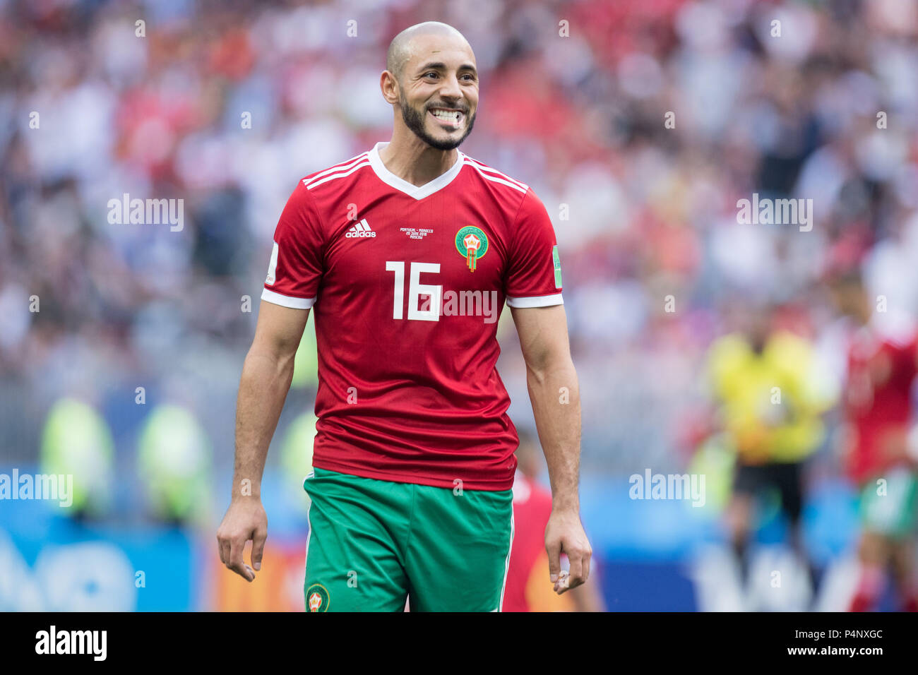 Noureddine AMRABAT (MAR) is disappointed after the final whistle, disappointed, disappointed, disappointed, sad, frustrated, frustrated, hastate, half figure, half figure, facial expressions, Portugal (POR) - Morocco (MAR) 1: 0, preliminary round, group B, Game 19, on 20.06.2018 in Moscow; Football World Cup 2018 in Russia from 14.06. - 15.07.2018. | usage worldwide Stock Photo