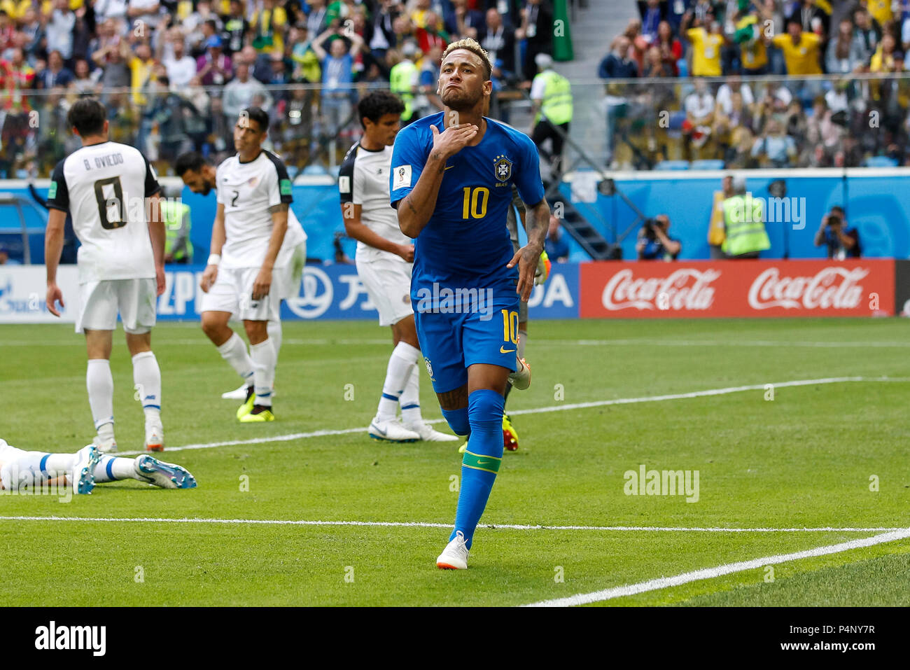 Saint Petersburg, Russia. 22nd June 2018. Neymar of Brazil celebrates after scoring his side's second goal to make the score 2-0 during the 2018 FIFA World Cup Group E match between Brazil and Costa Rica at Saint Petersburg Stadium on June 22nd 2018 in Saint Petersburg, Russia. (Photo by Daniel Chesterton/phcimages.com) Credit: PHC Images/Alamy Live News Stock Photo