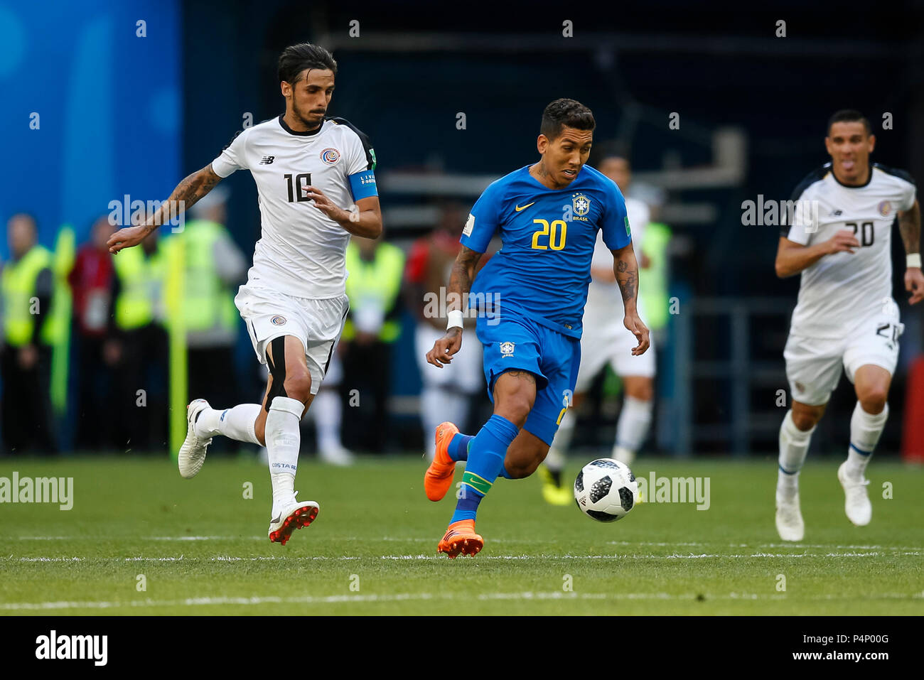 Saint Petersburg, Russia. 22nd June 2018. Bryan Ruiz of Costa Rica and Roberto Firmino of Brazil during the 2018 FIFA World Cup Group E match between Brazil and Costa Rica at Saint Petersburg Stadium on June 22nd 2018 in Saint Petersburg, Russia. (Photo by Daniel Chesterton/phcimages.com) Credit: PHC Images/Alamy Live News Stock Photo