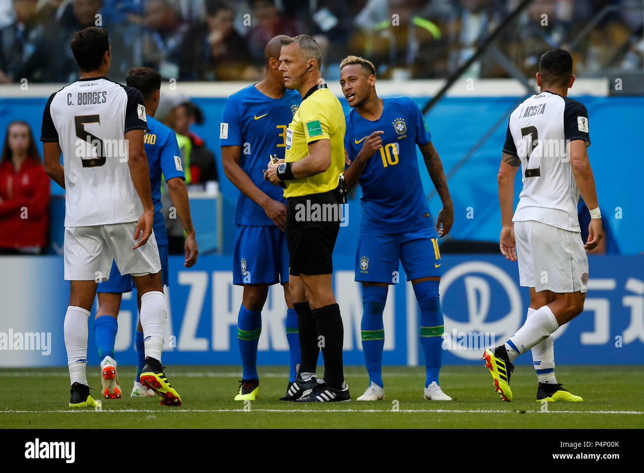 Saint Petersburg, Russia. 22nd June 2018. Neymar of Brazil contests a decision with referee Bjorn Kuipers during the 2018 FIFA World Cup Group E match between Brazil and Costa Rica at Saint Petersburg Stadium on June 22nd 2018 in Saint Petersburg, Russia. (Photo by Daniel Chesterton/phcimages.com) Credit: PHC Images/Alamy Live News Stock Photo